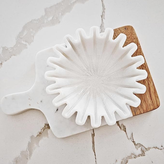 HandCrafted Marble Bowl/Antique Scallop dish/Fruit bowl/Vintage Ring Dish/marble decor Decorative Ruffle Flower scalloped Bowls/HouseWarming Wedding Gift/Urli (8 inches)