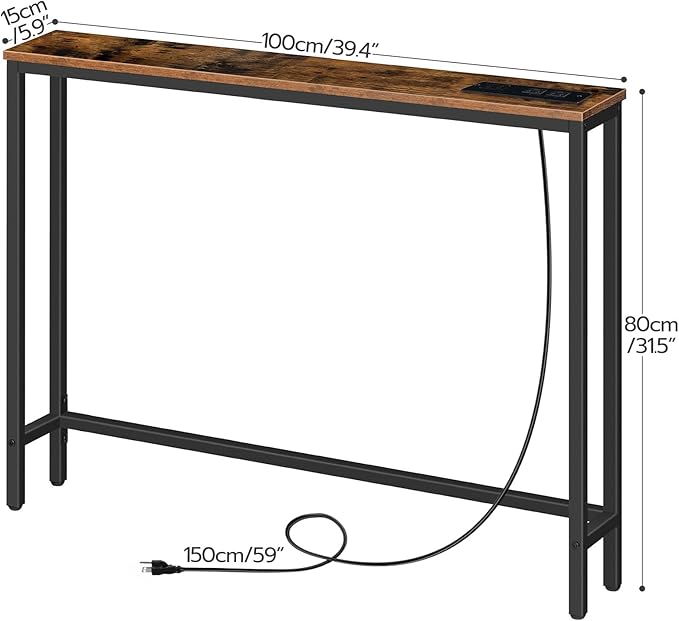 HOOBRO 39.4" Skinny Console Table with Power Outlet, 5.9" Behind Couch Table with Charging Station, Narrow Sofa Table, Long and Thin Table for Entryway, Living Room, Rustic Brown BF51UXG01