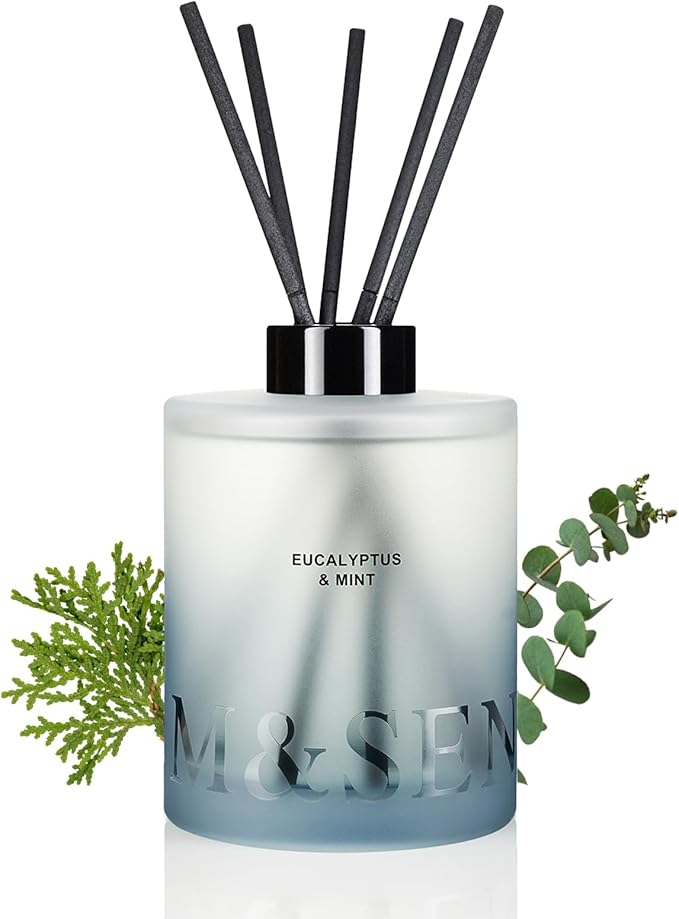 M&SENSE Eucalyptus Mint Reed Diffuser Set - 16.9 fl oz Long-Lasting Fragrance, Non-Toxic Scent Diffuser with Natural Oil Sticks | Housewarming Diffuser Gift for Mothers Day, Bathroom & Home Decor