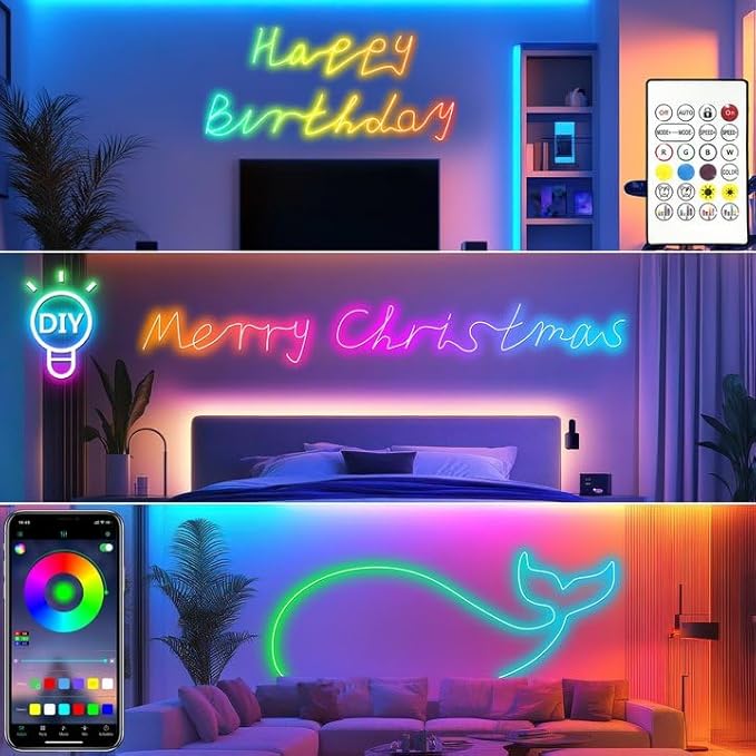 Cozylady 40Ft (20Ft *2 Rolls) RGB LED Neon Rope Lights for Bedroom, 12m LED Strip Lamp with Double Sided Adhesive Tape, App/Remote Control DIY Lights Decorate The Outdoor and Indoor of Your Home