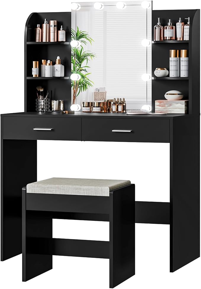 usikey Vanity Desk with Mirror & Lights, Makeup Vanity Table with 2 Large Drawers, 6 Storage Shelves & Stool, Bedroom Dressing Vanity Table with 3 Color Light Adjustable, Black