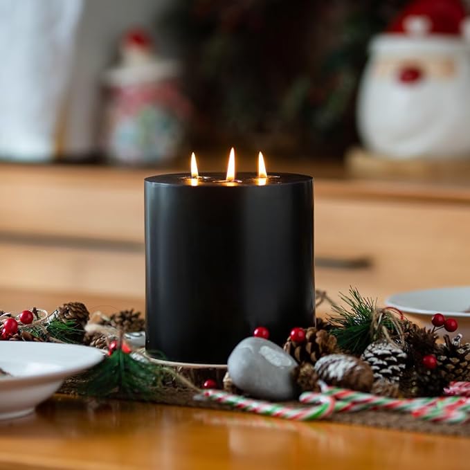 MOZEAL Extra Large 3 Wick Black Pillar Candle, 6" x 6", Unscented, Dripless, Smokeless, and Clean-Burning. Approx. 120 Hours of Burn Time. Perfect for Weddings, Dinners, Halloween and Fall Decor