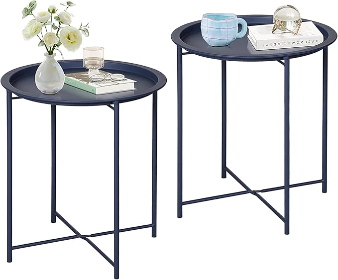 VECELO Side/End Table, Folding Round Metal Anti-Rust and Waterproof Outdoor or Indoor Tray for Living Room Bedroom Balcony and Office, 2 PCS, Blue