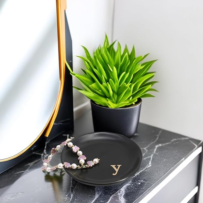 COLLECTIVE HOME - Ceramic Jewelry Tray, Decorative Trinket Dish for Rings Earrings Necklaces Bracelet Watch Keys, Birthday Mother's Day Christmas Gift for Women, 4.75", Black Surface (y)