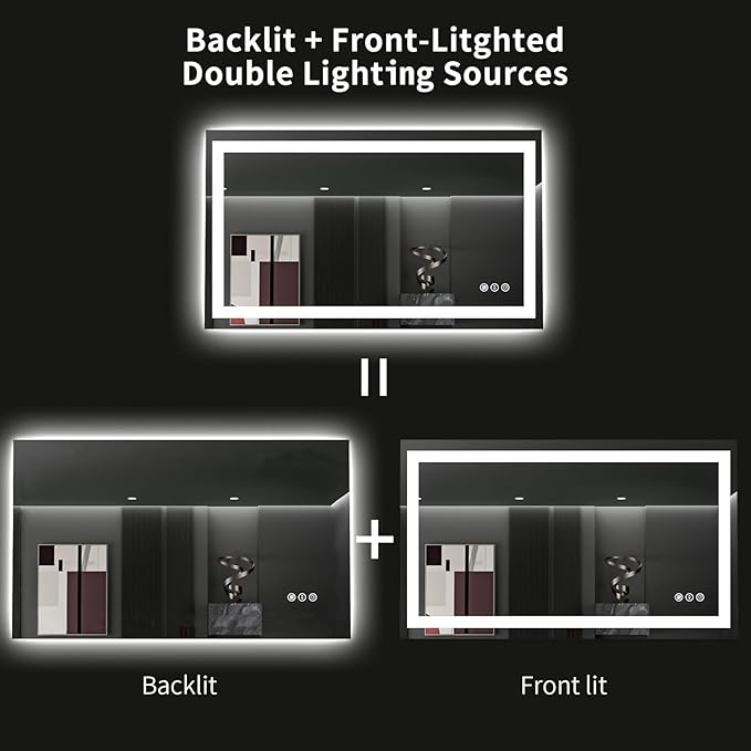 LOAAO 48"X28" LED Bathroom Mirror with Lights, Anti-Fog, Dimmable, Backlit + Front Lit, Lighted Bathroom Vanity Mirror for Wall, Memory Function, Tempered Glass, ETL Listed