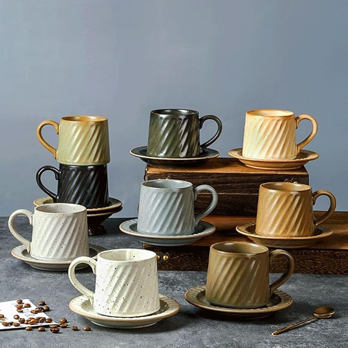 Vintage Ceramic Tea Cup and Saucer Set with Spoon, 10 oz Retro Porcelain Coffee Mug (Cream Fleck)