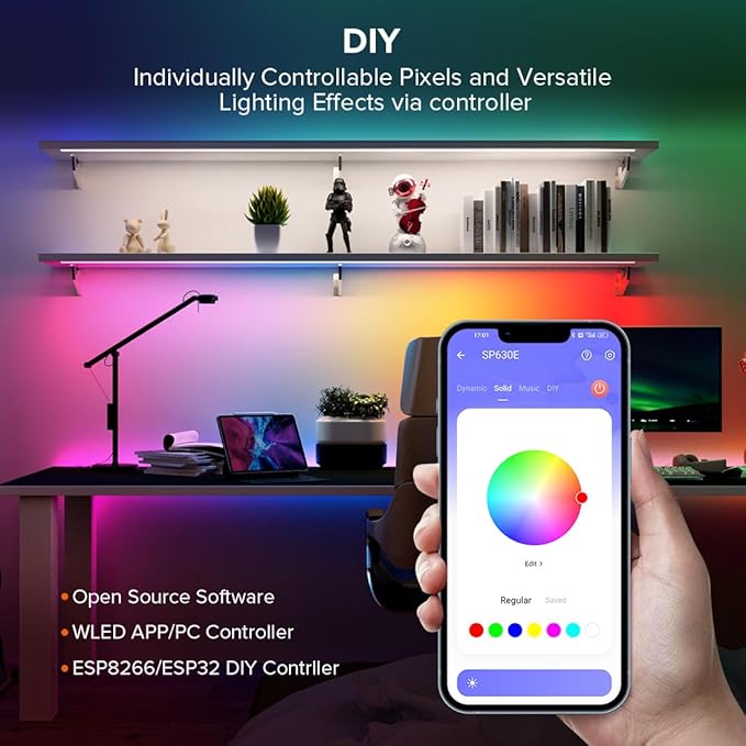 SEZO WS2812B ECO LED Strip Light 16.4FT/5M 60LEDs/m 300Pixels Individually Addressable Programmable 5050SMD Digital RGB Alloy Wires Flexible Dream Color IP30 Non-Waterproof PCB Black DC5V