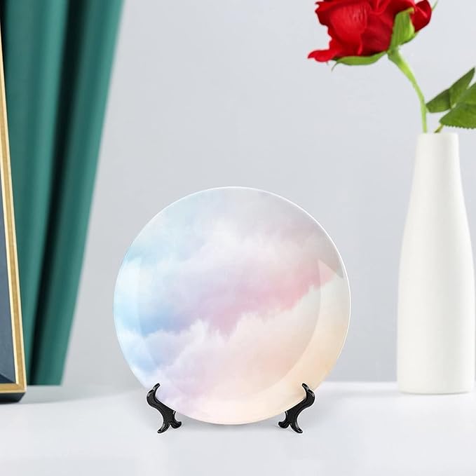 XISUNYA 10 Inch Decorative Plate, Rainbow Ceramic Stoneware, Fluffy Dreamy Gradient Faded Pastel Cloud Sublime Print Ornament Display Plate Decor Accessory for Dining, Parties, Wedding