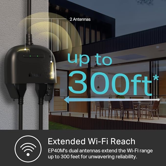 Kasa Matter Smart Outdoor Plug, Dual Outlet, IP64 Weather Resistance, Works with Apple HomeKit, Amazon Alexa, Google Home, SmartThings, 15A/1800W Max, ETL Certified, 2.4G Wi-Fi Only, EP40M