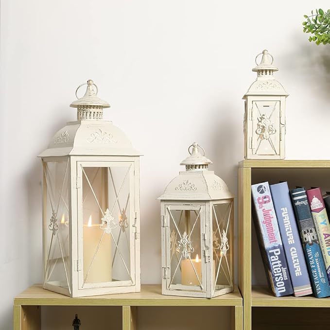 TRIROCKS 3-Pack Decorative Lanterns - 19" Vintage Metal Candle Holders with Tempered Glass - Perfect for Christmas, Living Room, Garden, Patio, Indoor & Outdoor Events (White with Gold Brush Finish)