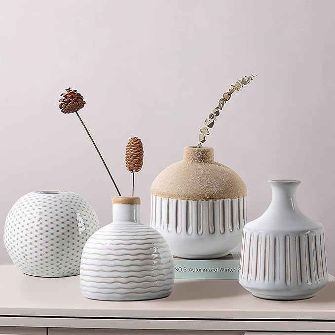 Boho Minimalist Small Ceramic Vase Set of 4 for Bedroom Living Room Office Fireplace Centerpiece Antique White Vintage Farmhouse Rustic Retro Flower Vases Home Decor Gift for Fake Plants