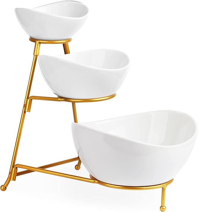LAUCHUH 3 Tier Serving Stand Serving Dishes for Entertaining Porcelain Oval Bowl Set Tiered Serving Tray for Fruit, Vegetable, Nuts, Salad, Chip Dip Bowl Set for Thanksgiving, Christmas, Gold