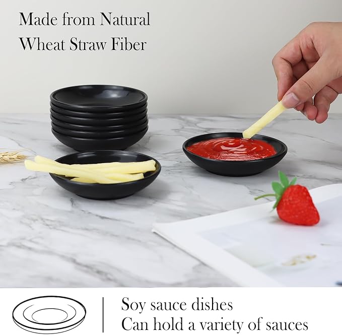 PYRMONT Wheat Straw Dipping Bowls, 2 Oz Soy Sauce Dish & Bowl, Small Dipping Sauce Bowls Set of 8, Mini Appetizer Plates for Side Dishes,Ketchup,BBQ, Party, Condiments Serving Bowl Set - Black