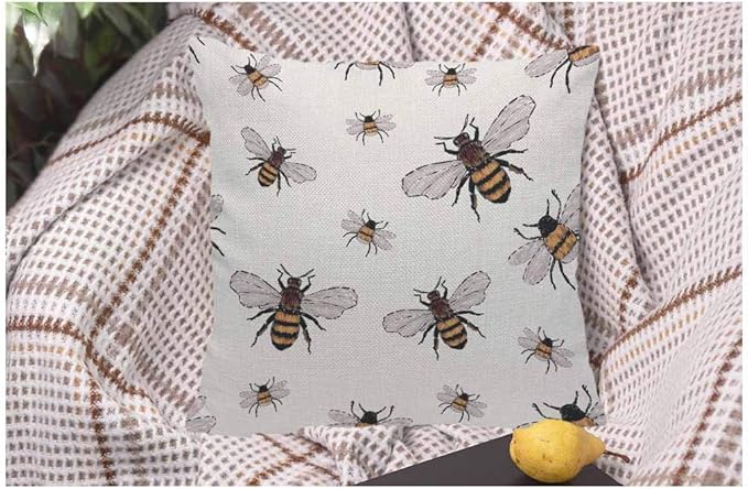 WONDERTIFY Throw Pillow Case Cover Insects Embroidery Big Honey Bee and Small Funny Bee - Soft Linen Pillow Case for Decorative Bedroom/Livingroom/Sofa/Farm House - Cushion Covers 18x18 Inch 45x45 cm