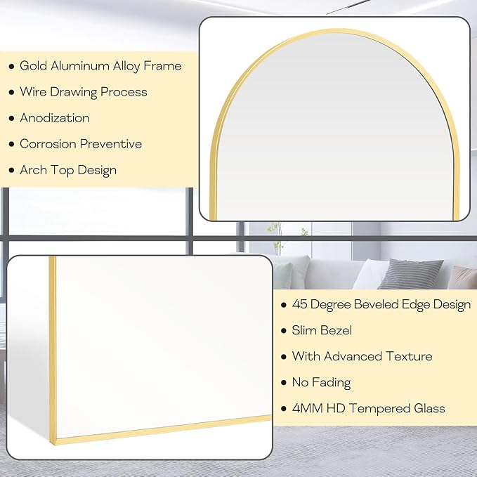 22" x 30" Gold Arched Mirror, Arch Bathroom Vanity Wall Mirror, Modern Aluminum Alloy Metal Frame Arch Mirror for Bathroom, Living Room, Bedroom, Entryway, Tempered Glass, Shatter Proof
