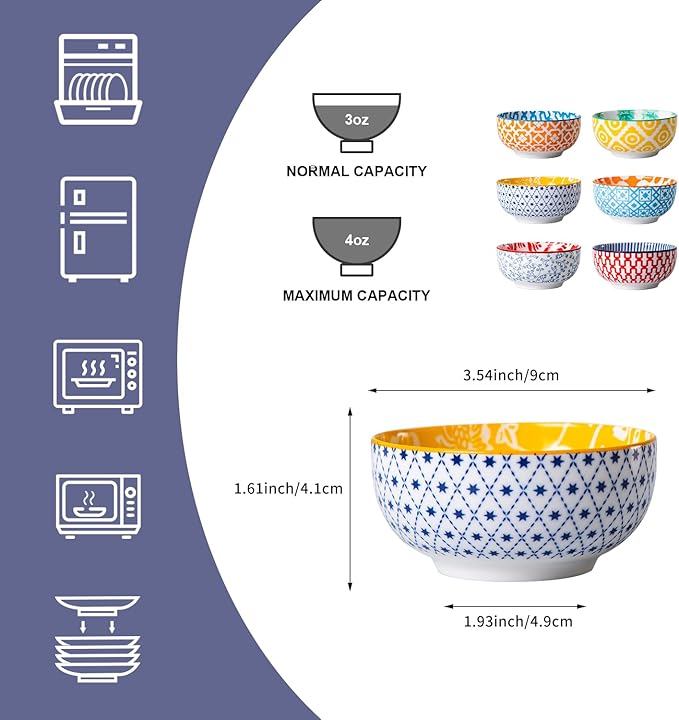 Ceramic Dipping Bowls Set - 4 Oz Small Dessert Bowl 3.5 Inch Porcelain Small Bowls for Side Dishes, Snack, Yogurt, Appetizer - Microwave Dishwasher Safe - Set of 6 - Assorted Colors