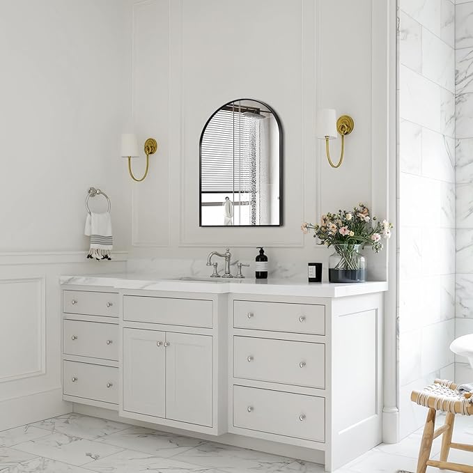 16" x 20" Black Arched Mirror, Arch Bathroom Wall Mirror, Metal Frame Arched Top Bathroom Vanity Mirror for Living Room, Bedroom, Entryway, Tempered Glass, Shatter Proof