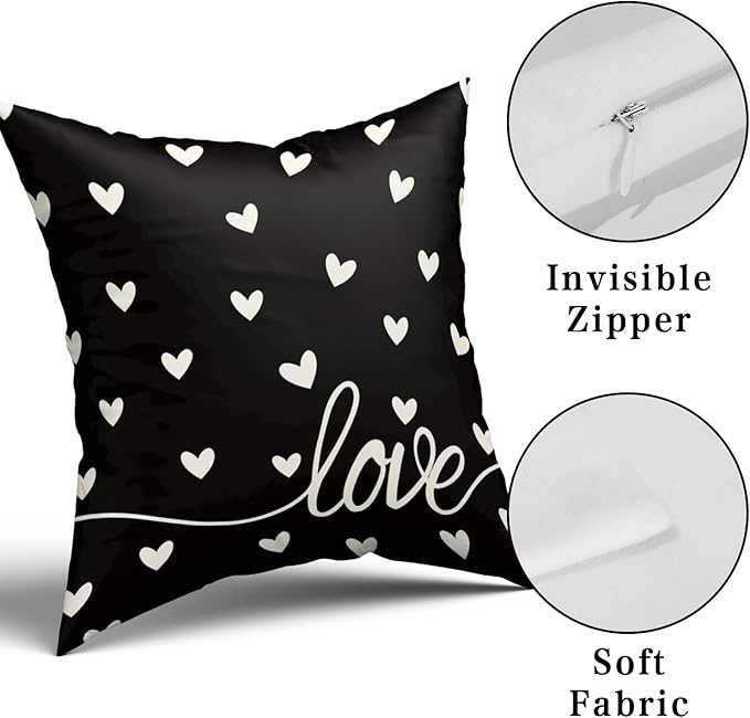 Giwawa Valentines Day Pillow Covers Set of 2 Black Love Hearts Throw Pillowcases Romantic Decorative Double Sided Cotton Square Cushion Covers 20x20inch for Sofa Couch Bedding Wedding Anniversary