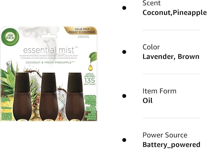 Air Wick Essential Mist Refill, 3 ct, Coconut and Pineapple, Essential Oils Diffuser, Air Freshener