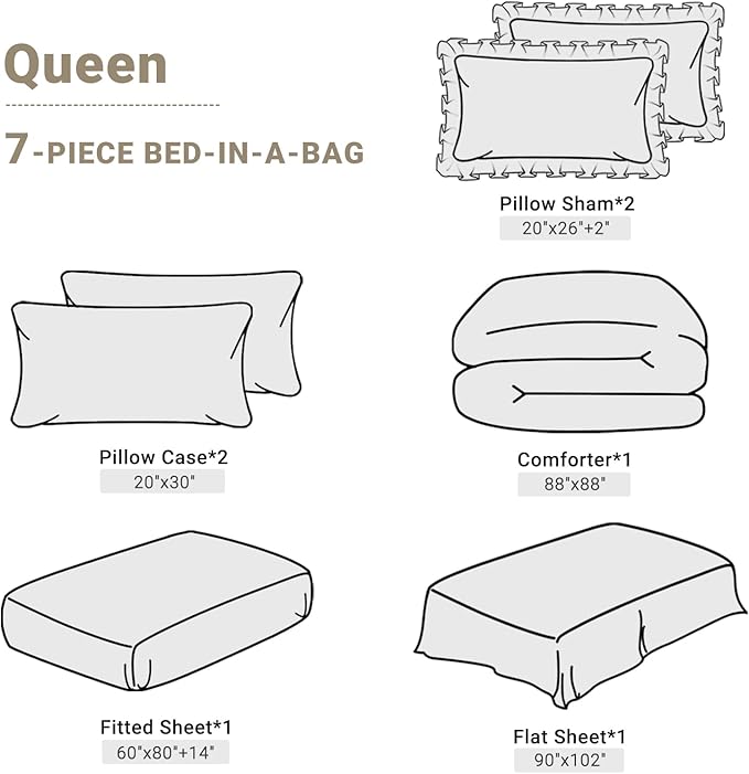 JOLLYVOGUE Queen Comforter Set 7 Pieces, Beige Bed in a Bag Comforter Set for Bedroom, Bedding Comforter Sets with Comforter, Sheets,Ruffled Shams & Pillowcases