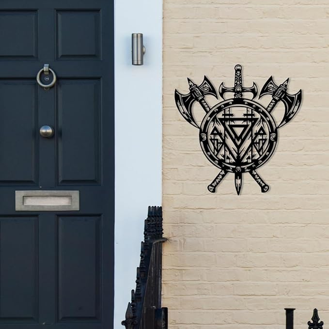 YBLCOZYC Axe & Shield Metal Wall Art - Rustic Scandinavian Viking Decor with Norse Compass Design, Handcrafted Iron Wall Hanging - Unique Nordic Gift for Home, Office & Man Cave
