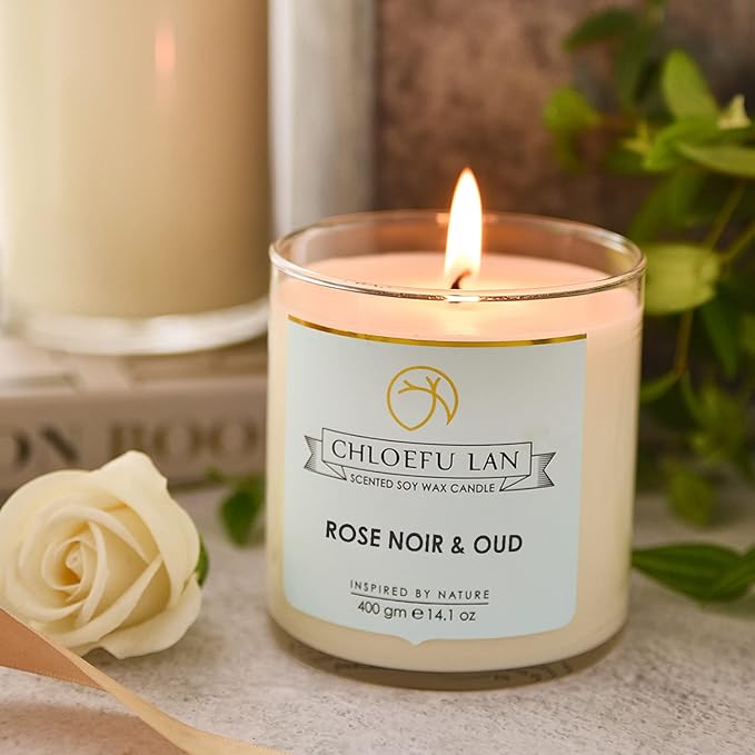 Chloefu LAN Rose Noir & Oud Scented Candle Luxury Soy Large Candle Jar 14.1 oz,100 Hours Long Lasting Burning Highly Scented Candle,Valentines Day Gifts for Her