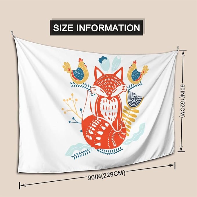 QIZYOQA Scandinavian Folk Art With Foxes Tapestry 90 X 60Inch Large Size Wall Hanging Funny Home Decor Tapestries For Living Room Bedroom Dorm Home Decor Wall Art