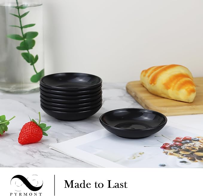 PYRMONT Wheat Straw Dipping Bowls, 2 Oz Soy Sauce Dish & Bowl, Small Dipping Sauce Bowls Set of 8, Mini Appetizer Plates for Side Dishes,Ketchup,BBQ, Party, Condiments Serving Bowl Set - Black