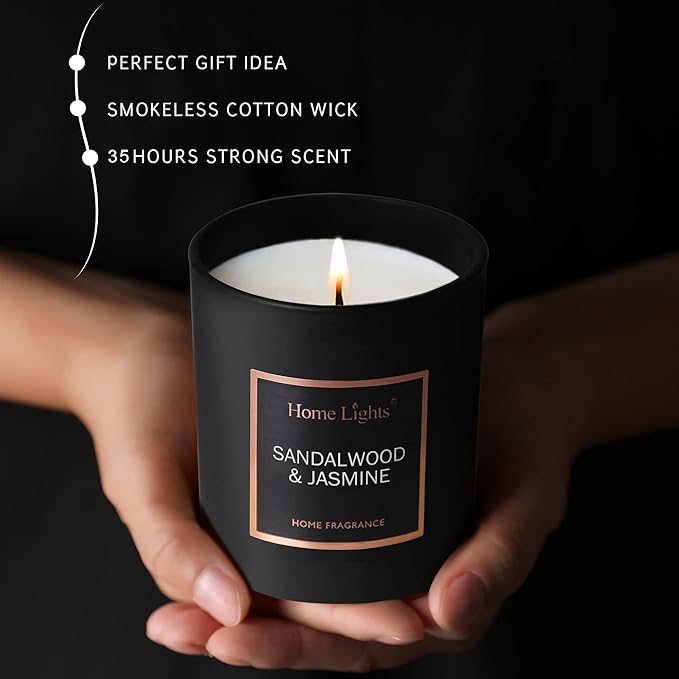 HomeLights Luxury Scented Candle, Natural Soy Wax, Home Fragrance Decor Gift, Sandalwood & Jasmine, Medium Jar