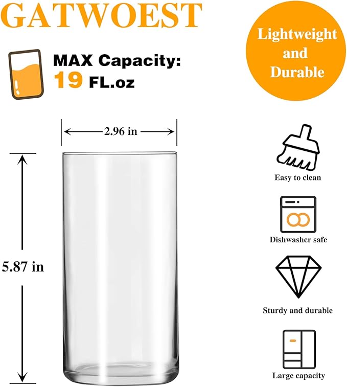 Everyday Drinking Glasses Set of 4, 20 oz Lightweight Thin Highball Glasses,Clear Lead-Free Tall Glass Cups For Water,Juice,Mojito,Mixed Drinks,Iced Coffee,Ice Tea,Kitchen Cocktails Glass