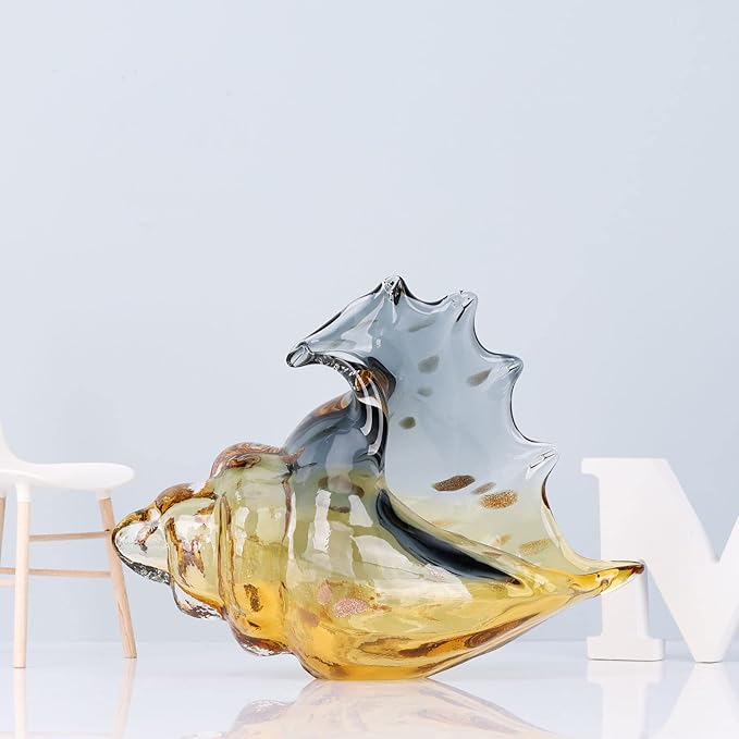 XMGZQ Hand Blown Glass Conch Statue,Sea Glass Art Figurine, Coastal Home Decor with Sea Shells, Living Room TV Stand Above Cabinet,Bookcase,Beach Decoration,Entryway Conch Horn Figurines