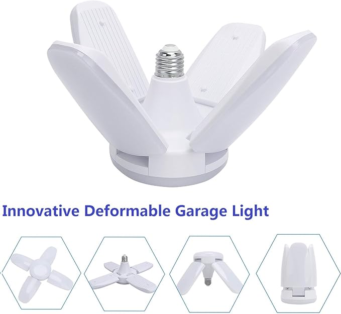 (2 Pack) LED Garage Lights, 60W Trilights Ceiling, High Low Bay Deformable Adjustable 4 Led Light Bulbs 6000LM 6000K, Screw in Tribright Garage Lighting Fixture,CRI80 Daylight