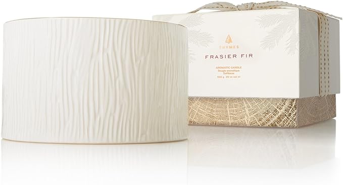 Thymes Frasier Fir Candle - Gilded Collection - Wood Grain Ceramic Design with 24-Karate Gold Rim - Mountain Fresh Fragrance - Elegant Winter Candle Scents - Gifts for Women & Men (3-Wick, 20 oz)