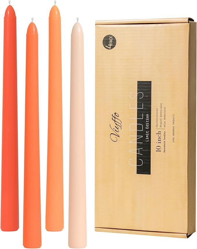 Viyffo Taper Candles 10 Inch Orange Set of 4 Unscented, Dripless, Smokeless Long Tall Tapered Candlesticks Wedding Home Decor Dinner Natural Color Series