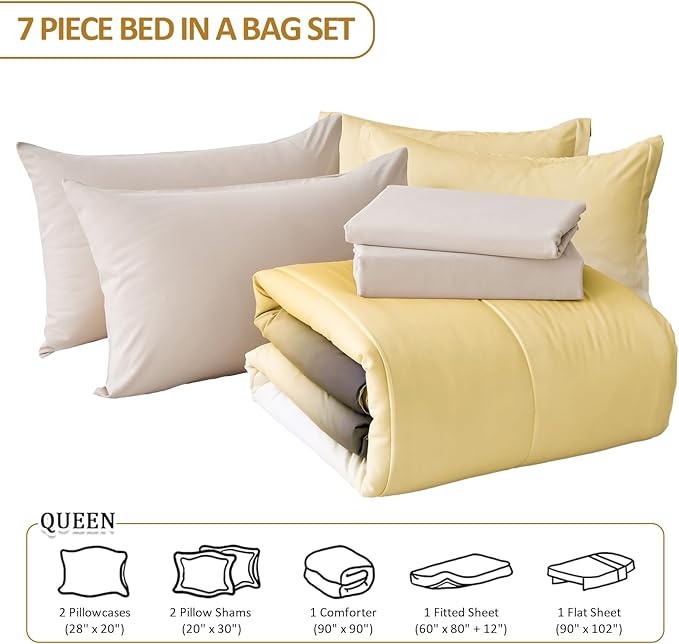 Anibedding 7 Pieces Gradient Yellow Comforter Set - Lightweight Grey and Yellow Ombre Bed in a Bag Set, All Season Down Alternative Light Grey Abstract Bedding Set for Teen Boys Girls Women (90" x90")
