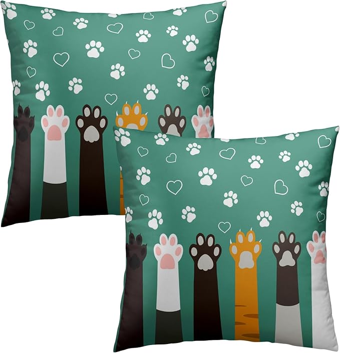 Paw Print Throw Pillow Cover - Colorful Dogs Cat Paws Pillow Covers 20x20 Inches Set of 2 Pillowcases Pet Footprint Cushion Cover for Sofa Home