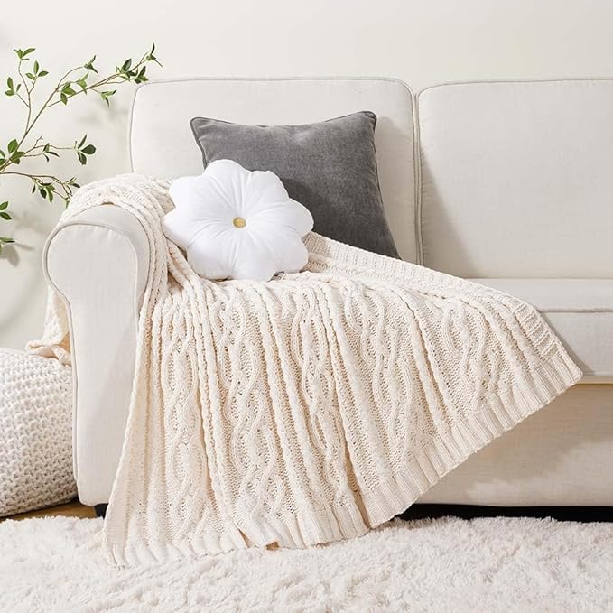 Battilo Cream White Ivory Throw Blanket for Couch, 51x 67 Inch, Woven Chenille Knit Throw Blanket for Chair, Super Soft Warm Decorative Textured Throw Blanket for Bed, Sofa and Living Room.