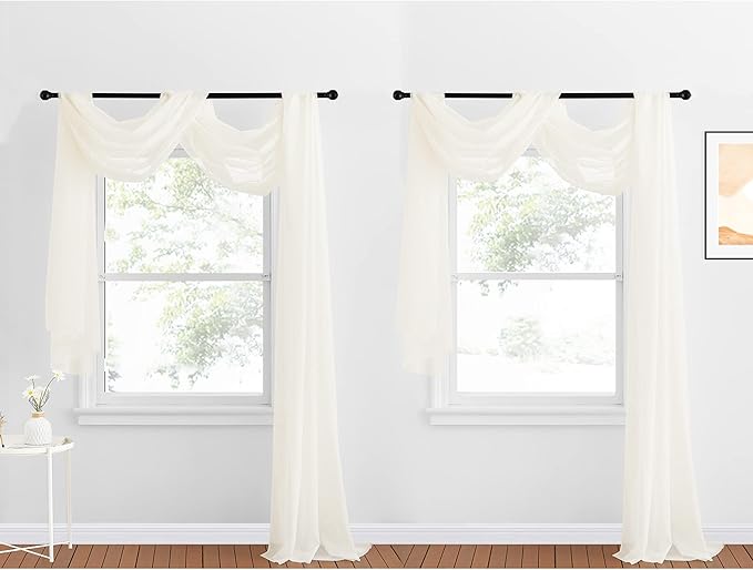 NICETOWN Beige Window Scarf Valances, Voile Fabric Canopy Curtains for Draping, Party Scarf Curtains for Birthday/Revelry, Light Beige, W60 x L216, 2 Panels