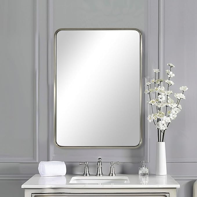 ANDY STAR Brushed Nickel Bathroom Mirror, 24x36’’ Rounded Rectangle Mirror Modern Silver Vanity Mirror SUS304 Metal Tube Frame(Rustproof) 1’’ Deep Wall Mounted Vertically/Horizontally