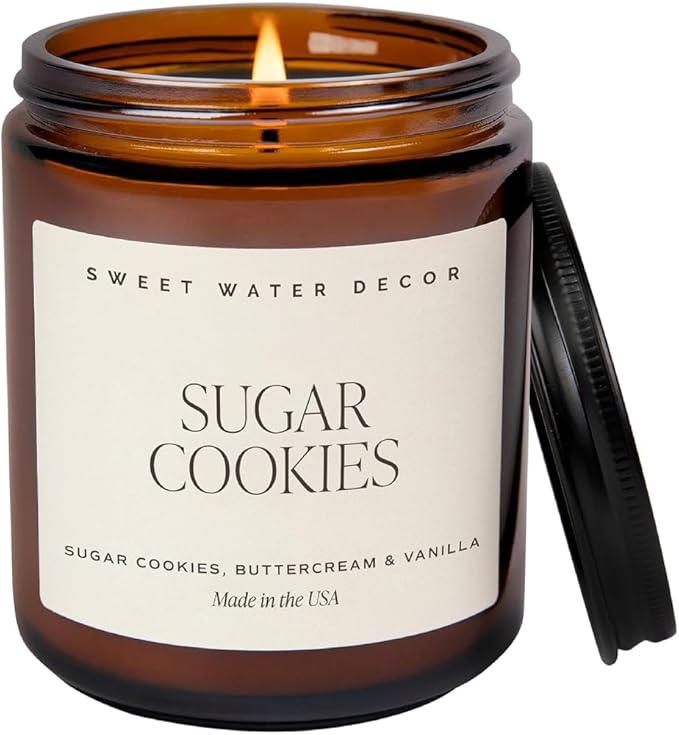 Sweet Water Decor Sugar Cookies Soy Candle - Buttercream Frosting, Vanilla, Sugar Cookie Scented for Home - Sweet Christmas Candle - 9oz Amber Jar + Black Lid, 40+ Hour Burn Time, Made in The USA