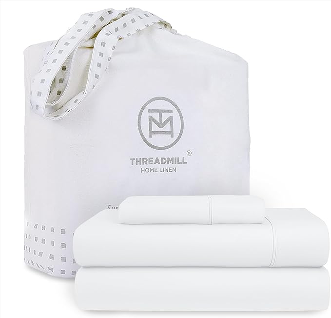 Threadmill Cotton Twin Sheet Set | 100% Cotton Sheets for Twin Size Bed | Solid Sateen Twin Bed Sheets Set with 16” Deep Pocket | Soft Breathable 3-Piece Cooling Sheet Set | White