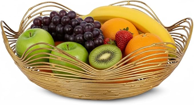 Mela Artisans Decorative Bowl | 12-Inch Gold Metal Wire Fruit Bowl | Perfect for Kitchen Counter | Fruits | Potpourri | Vegetables | Snacks | Candies