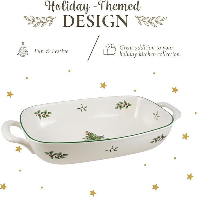 Spode Christmas Tree Oval Breadbasket, 14 Inch x 7.5 Inch Handled Bowl for Fruit, Bread, Cookies - Porcelain Gift, Holiday Serveware & Oven to Table Dish, Dishwasher Safe Tableware