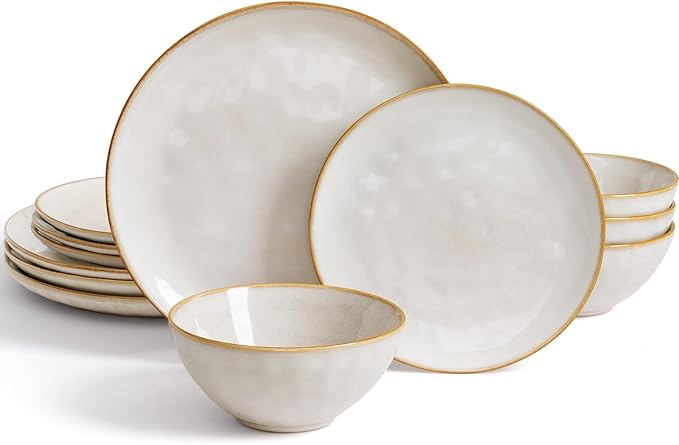 Famiware Dinnerware Sets for 4, Ocean Round 12-Piece Kitchen Plates and Bowls Sets, Reactive Glaze, Microwave and Dishwasher Safe, Scratch Resistant, Cappuccino White