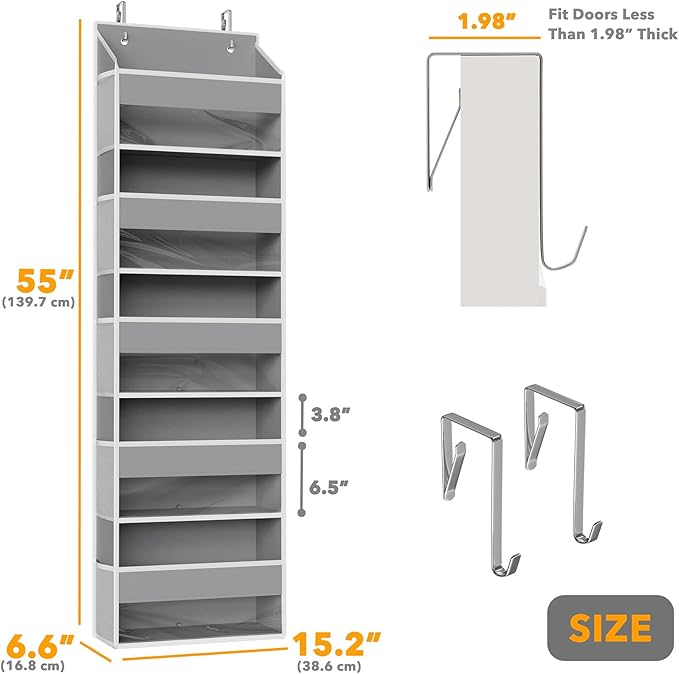 SpaceAid 1 Pack Over The Door Organizer with 5 Large Pockets and 10 Mesh Side Pockets, 5 Layers Door Organizer Hanging with Clear Window for Bedroom, Bathroom, Pantry and Nursery, Gray