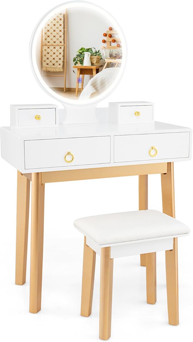 CHARMAID Vanity Desk with Mirror and Lights, White Makeup Vanity Desk with 4 Drawers, 3 Color Lighting Modes, Adjustable Brightness, Modern Dressing Table with Vanity Stool for Girls Small Bedroom