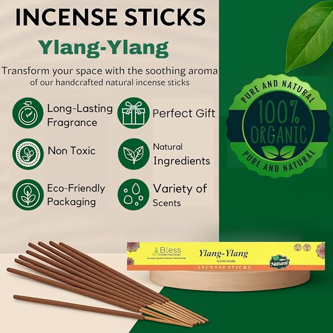 Bless-YLANG-YLANG 100%-Natural-Handmade-Hand-Dipped-Incense-Sticks Organic-Chemicals-Charcoal-Free Purification-Relaxation-Positivity-Yoga-Meditation Best-Woods-Scent (100 Sticks(5.25 OZ))