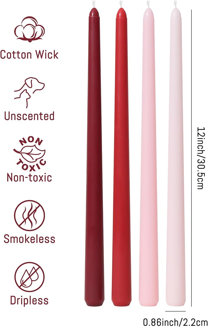 Viyffo Taper Candles 12 Inch 20 Pack Red, 9 Hour Burn Unscented Dripless & Smokeless Candlesticks for Wedding, Dinner, Holiday Gift & Home Decor