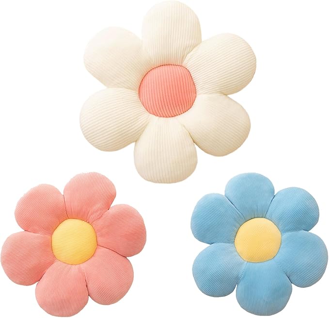 3Pcs Flower Pillow - Flower Shaped Throw Pillow Seating Cushion, Cute Daisy Flower Pillow Floor Pillows for Adults Kids Home Bedroom Sofa Chair Couch Decor (White/Pink/Blue, 15.74 in+19.68 in)