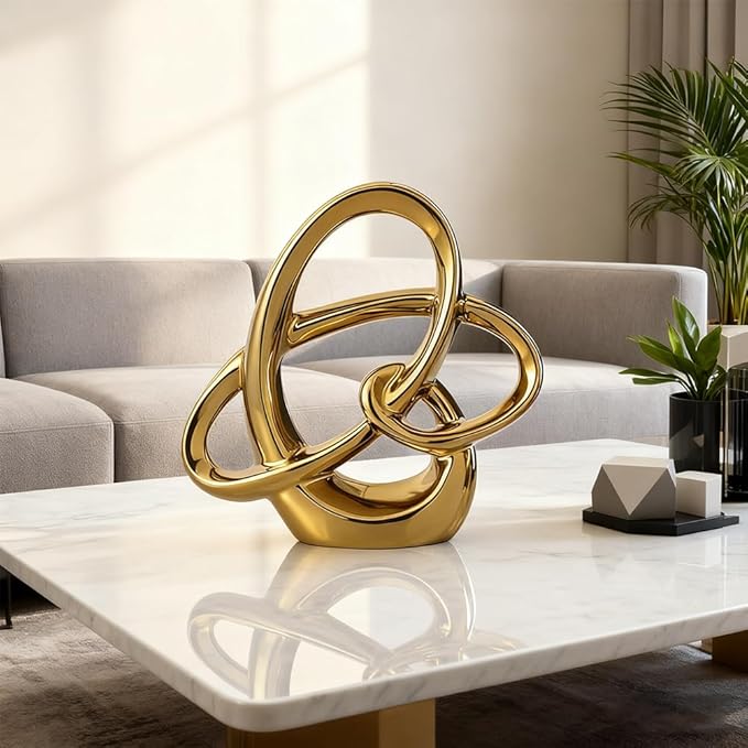 Modern Gold Decor Ceramic Statue – 8.66in Abstract Art Sculpture for Dining Table Centerpieces, Living Room, Bathroom, Shelf or Mantel – Small Gold Figurine for Wedding or Office Home Accents